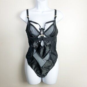 Ann Summers Strappy Sheer Unlined Satin Mesh Bodysuit Black Womens 8/10 B-C